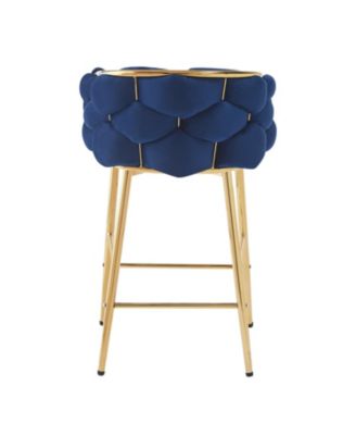 Set of 2 Modern Counter Stools, 28", Dark Blue with Iron Frame and Soft Cushion
