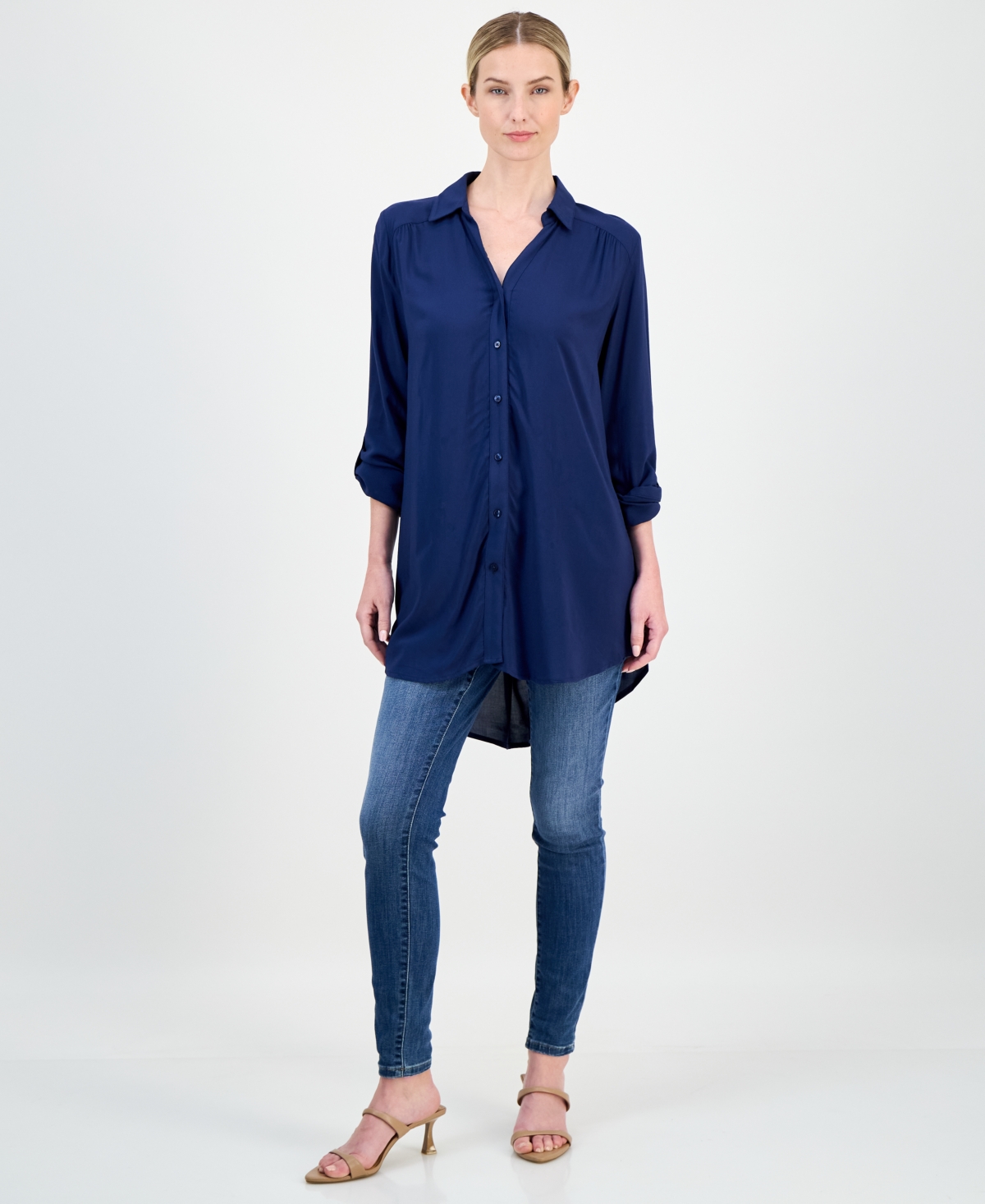 I.n.c. International Concepts Women's Roll-Tab Button-Down Long Blouse, Created for Macy's