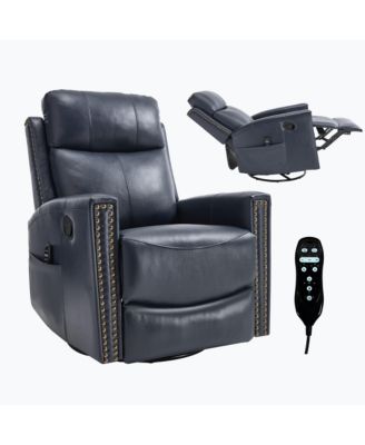 Blue Leather Heat Massage Rocker Swivel Recliner
