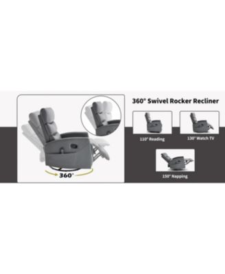 Heat Massage Rocker Recliner Chair, Swivel Fabric, Grey