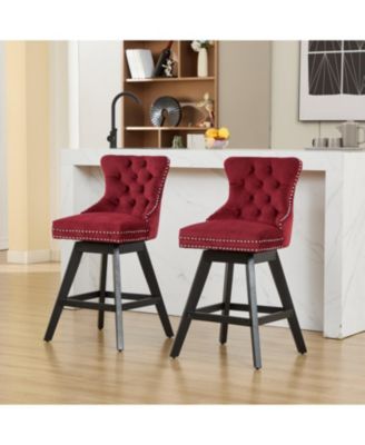 Velvet Barstools, Button Tufted, Wood Legs, Nailhead Trim, Set of 2