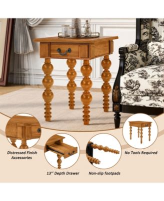 Solid Wood Coffee Table Set of 3 w/ Drawer - Vintage Style (Natural)