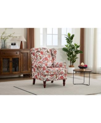 Floral Red Accent Chair with Wood Legs