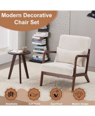 Mid-Century Beige Chair & Walnut Coffee Table Set