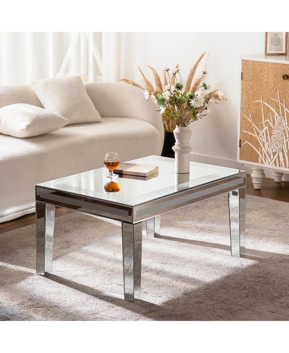 Streamdale Furniture Silver Crushed Crystal Coffee Table, Mirrored Glass, Glam Modern