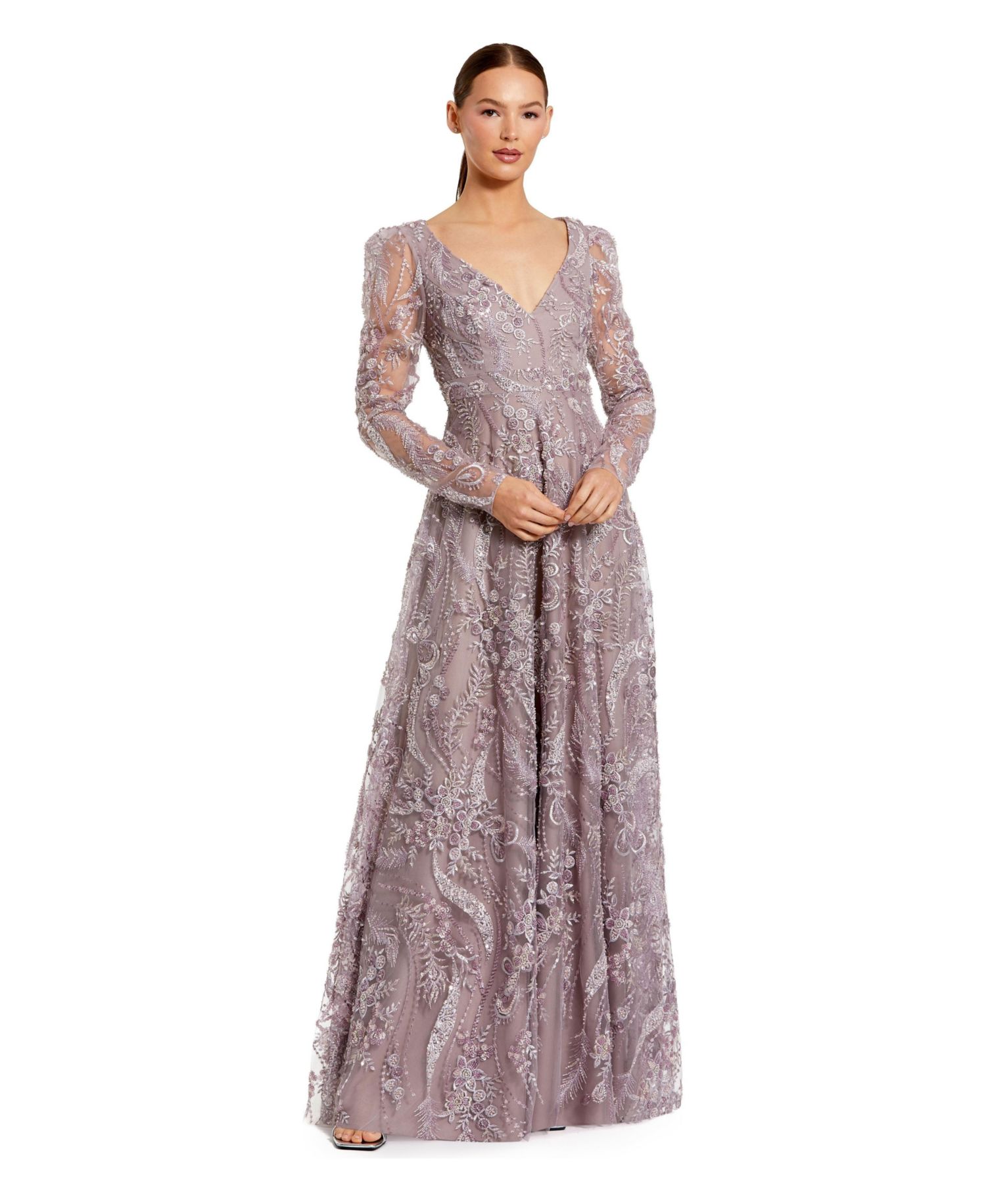 Women's Floral Embroidered V Neck Long Sleeve Gown