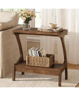 Solid Wood End Table with 2-Tier Storage Shelf, Narrow Side Table for Living Room, Bedroom, Small Spaces