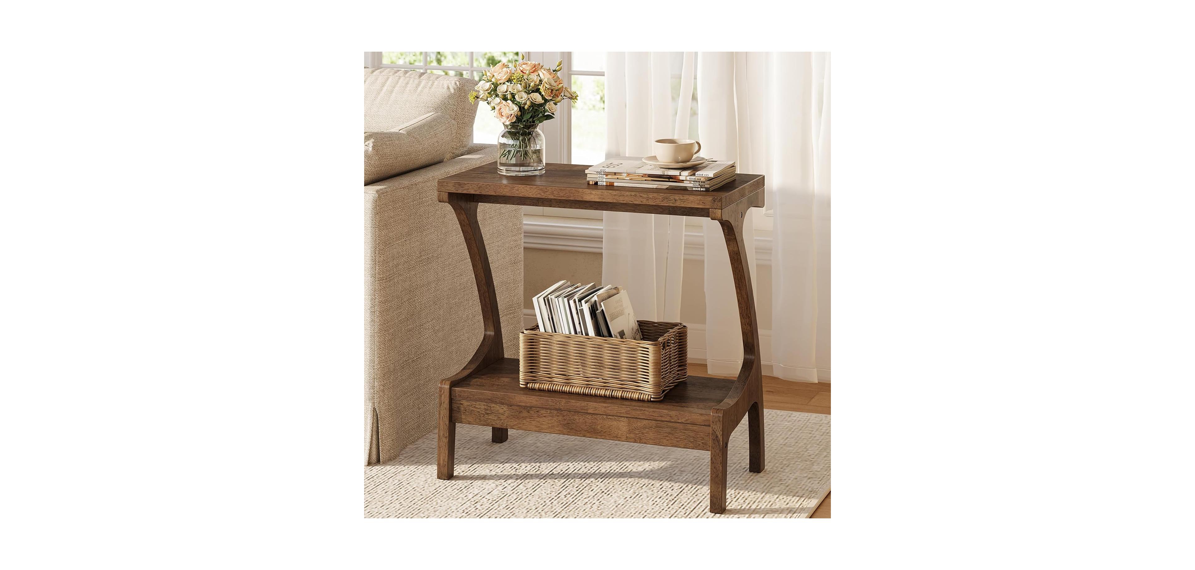 Tribesigns Solid Wood End Table with 2-Tier Storage Shelf, Narrow Side Table for Living Room, Bedroom, Small Spaces