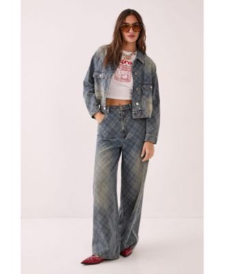 Women's Check Denim Distressed Jacket