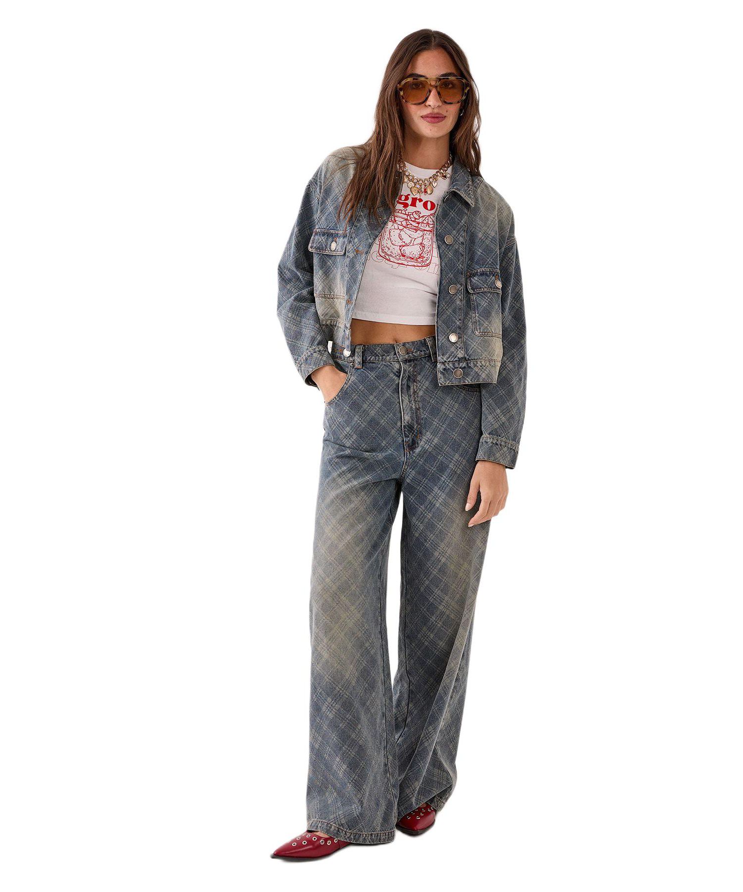 Women's Check Denim Distressed Jacket