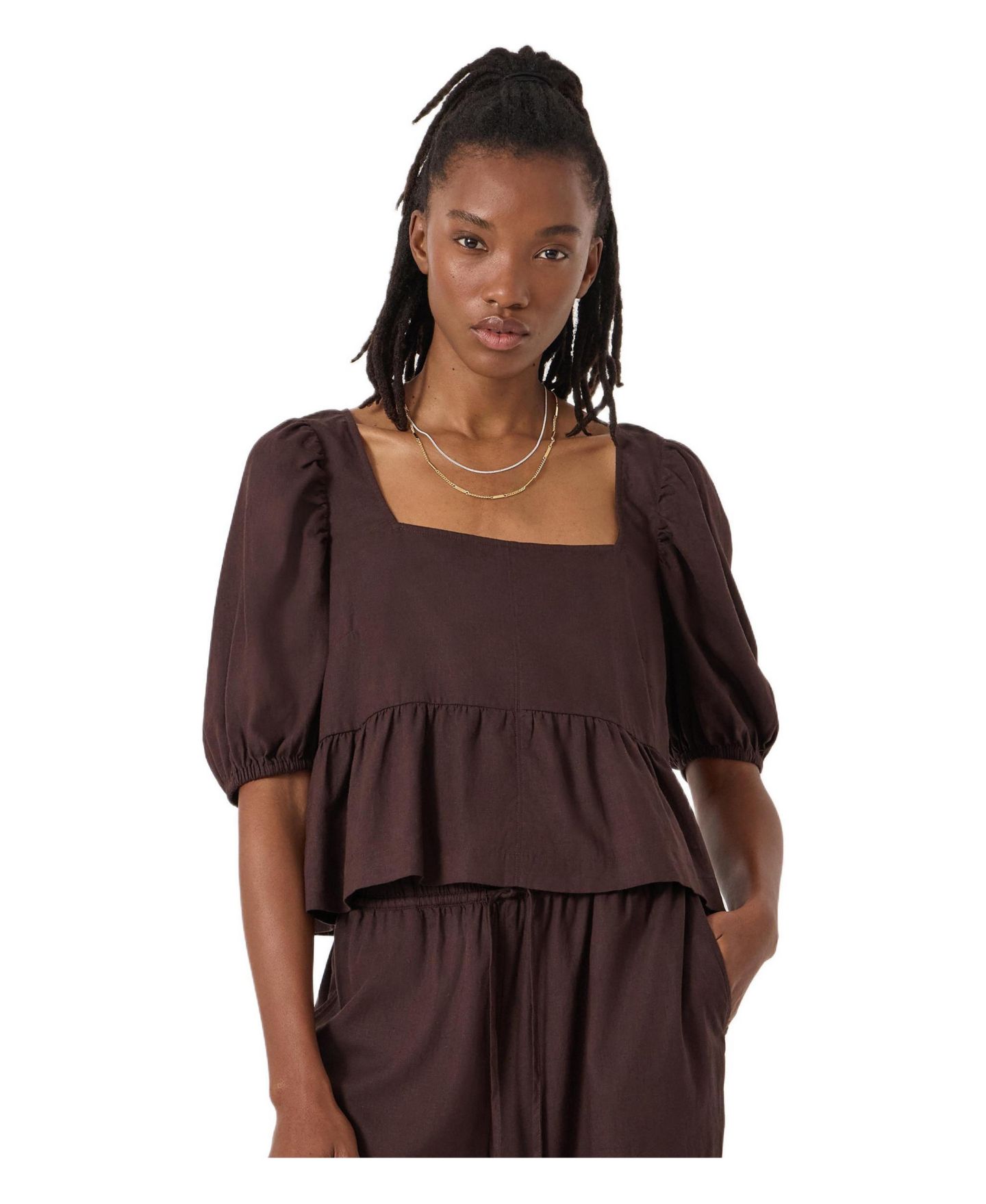 Женский топ Hush Alva Puff Sleeve Linen Beach, цвет: Тёмный коричневый — фото 1