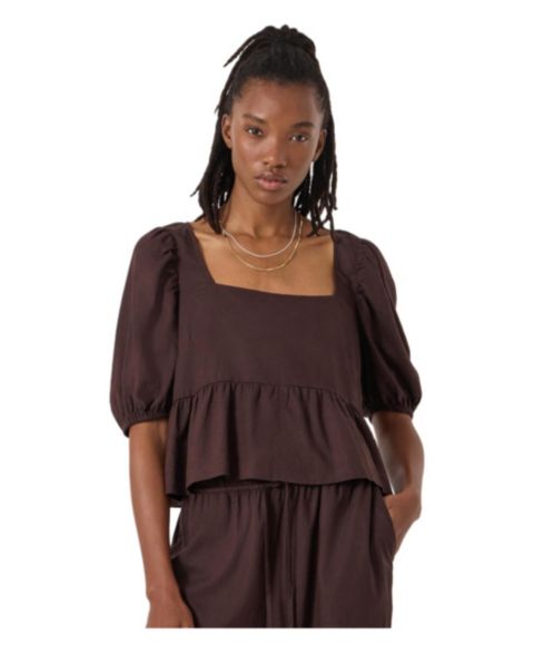 Женский топ Hush Alva Puff Sleeve Linen Beach, цвет: Тёмный коричневый