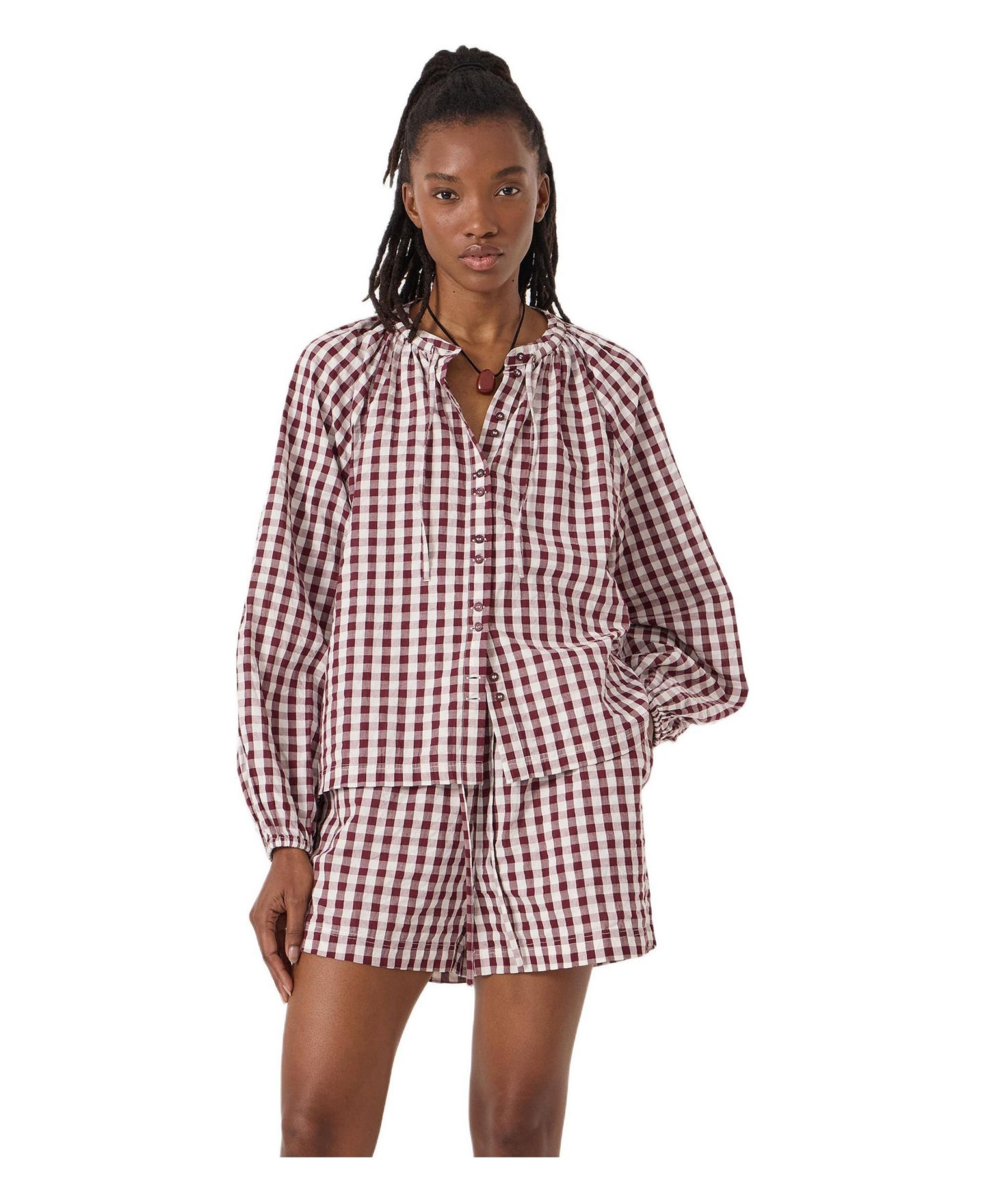 Женская рубашка Hush Elsa Gathered Gingham Beach, цвет: Красный / Белый — фото 1