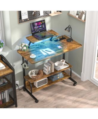 Small Standing Desk with Power Outlets and LED Light, Mobile Lift Top Desk with Monitor Stand