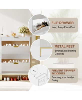 Fluted Shoe Storage Cabinet, Narrow Shoe Organizer with 2 Flip Drawers