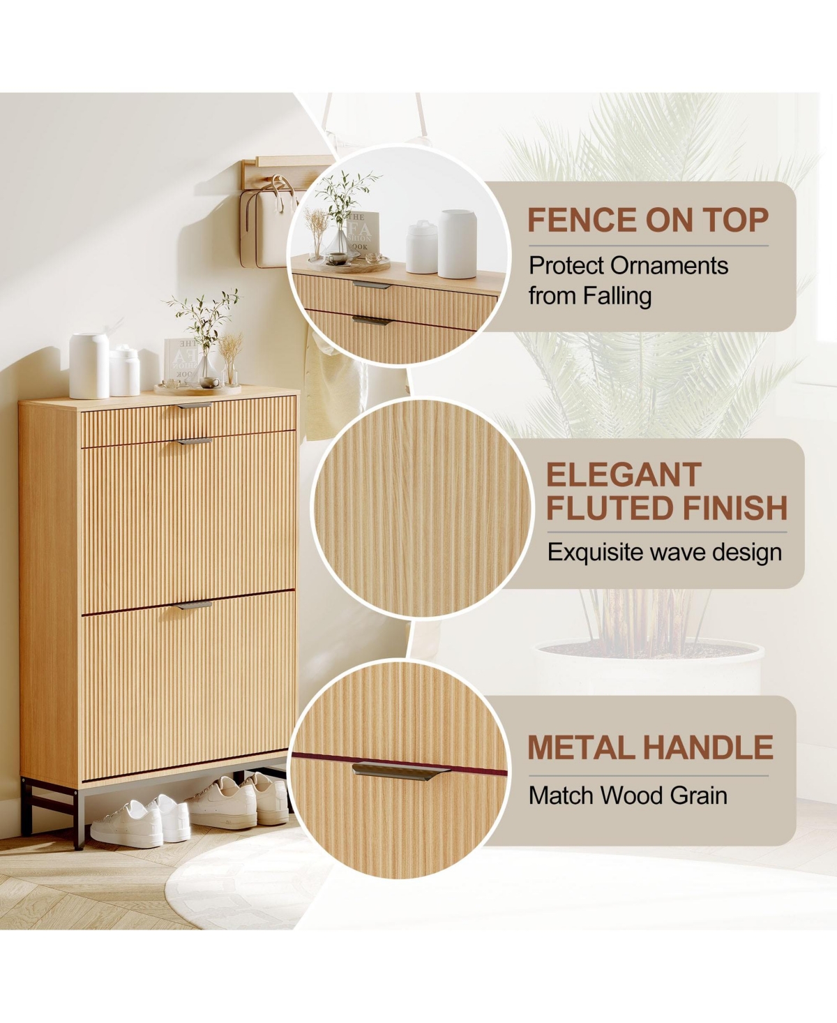 gaomon Fluted Shoe Storage Cabinet, Narrow Shoe Organizer with 2 Flip Drawers