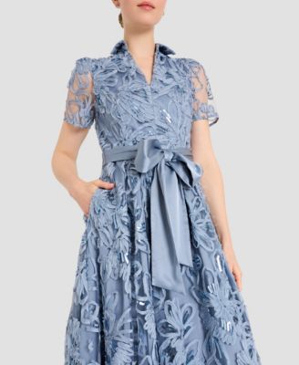 Women's Sequin Detail Collared V-Neck Midi Dress