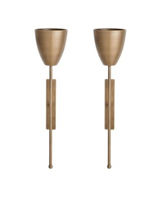 Antique Brass Mid-Century Modern Metal Wall Mount Vertical Pillar Candle Sconces Set of 2