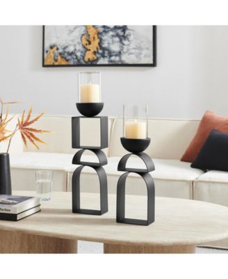 Black Geometric Pedestal Tabletop Candle Holders Set of 2