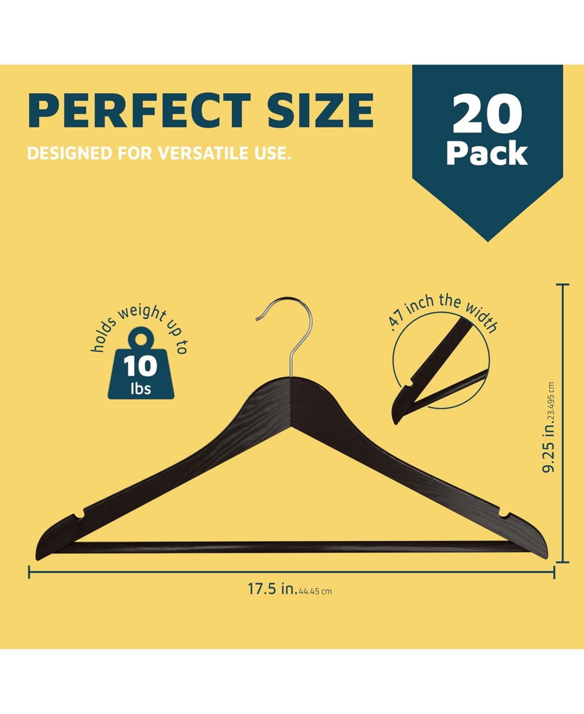 Lifemaster 20-pack brown wooden hangers with 360°, non-slip notches, and pants bar. Supports up to 10 lbs—perfect for suits, dresses, coat