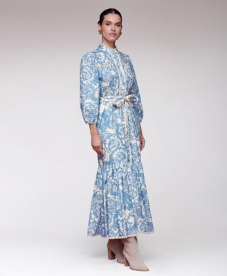 Women's Belted Puff-Shoulder Maxi Dress