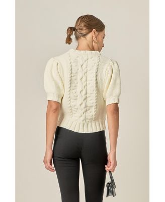 Women's Cable Puff Sleeve Knit with Flower Details