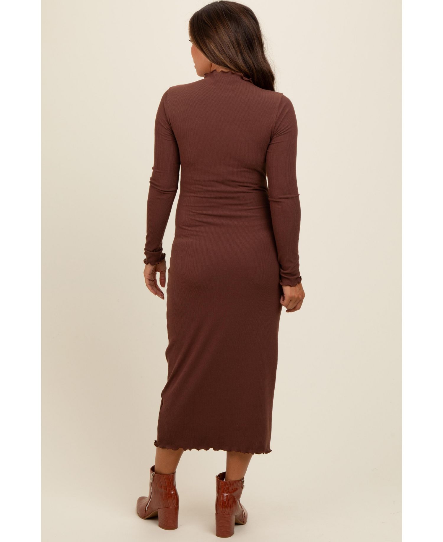 Women's Brown Ruffle Mock Neck Long Sleeve Midi Dress