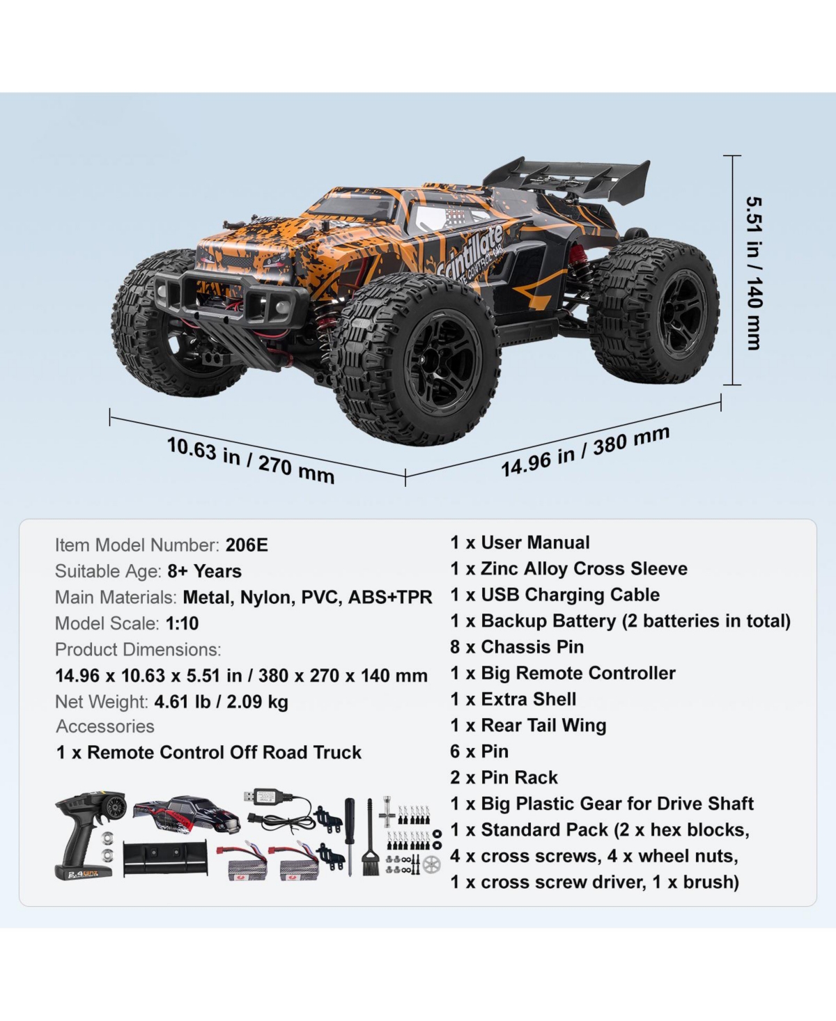 Remote Control Car, 1:10 Scale 4WD Off-Road Rc Truck with Adjustable Speed and Wheelie Function for Kids Ages 8+