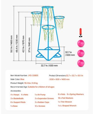 Kids Basketball Hoop, Adjustable Multi-Hoop Basketball Stand with 3 Balls for Indoor and Outdoor Play