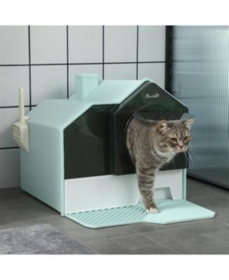 Easy-Clean Hooded Cat Litter Box Set with Odor Control Mat, Pull-Out Drawer, Scoop & Handle in Light Blue