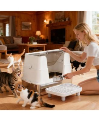 Modern Stainless Steel Litter Box Cabinet: Seamless Top/Side Dual Entry for Cats in Light Gray