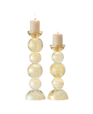 Enya Champagne Gold Tint Bubble Glass Stacked Orb Pillar Candle Holder Set of 2