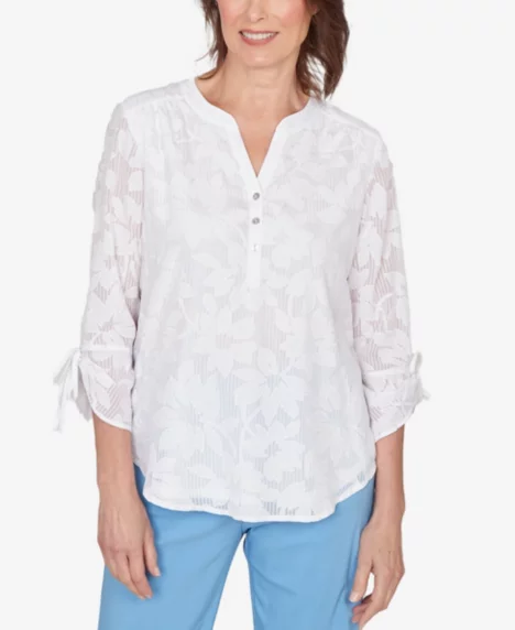 Petite St. Augustine Floral Jacquard Tie Sleeve Henley Top - White