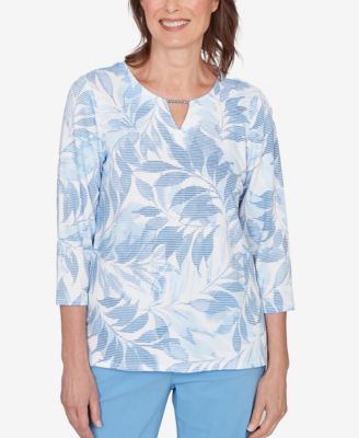 Petite St. Augustine Monotone Leaf Print Split Neck Top