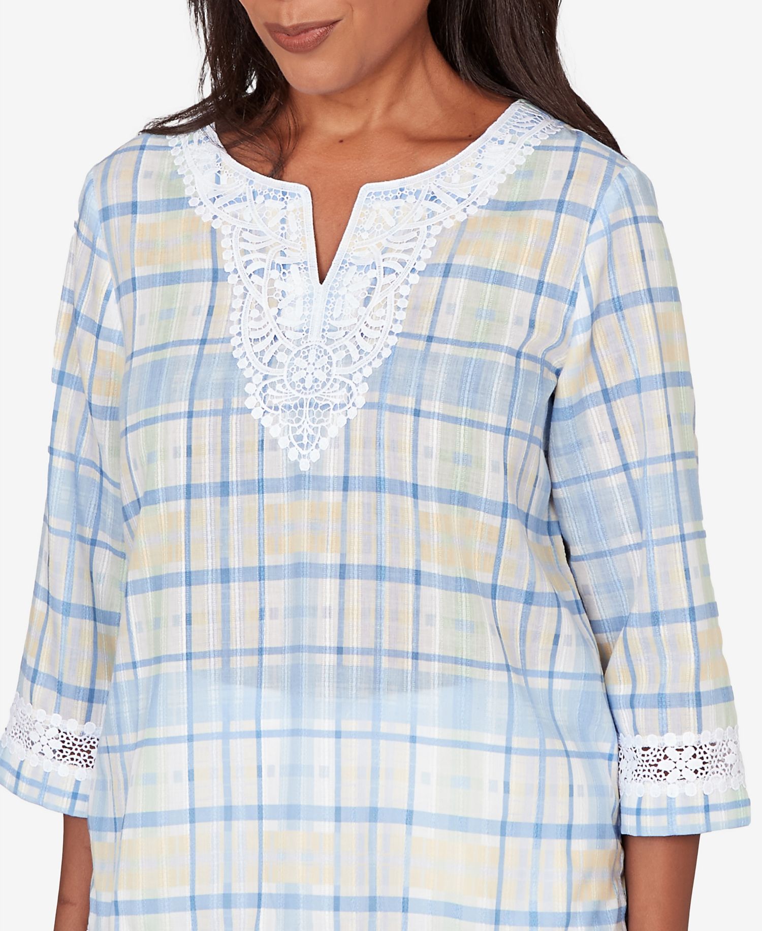 Petite Classic Plaid Embellished Lace Top
