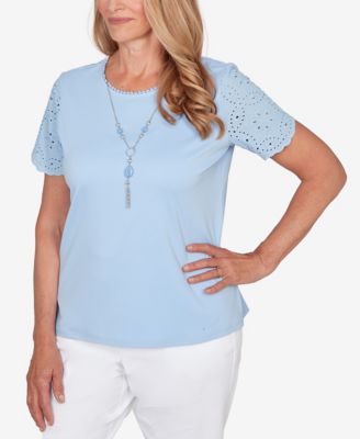 Petite Classic Solid Eyelet Sleeve Top with Necklace