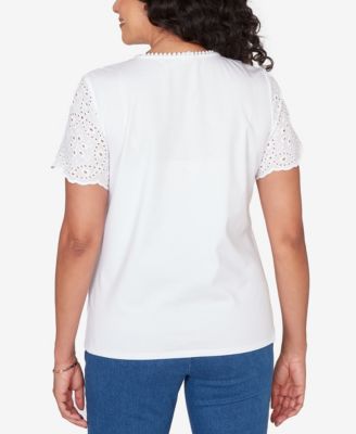 Petite Classic Solid Eyelet Sleeve Top with Necklace