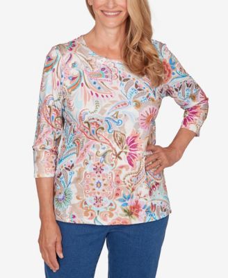 Petite Classic Paisley Floral Pleated Neck Top