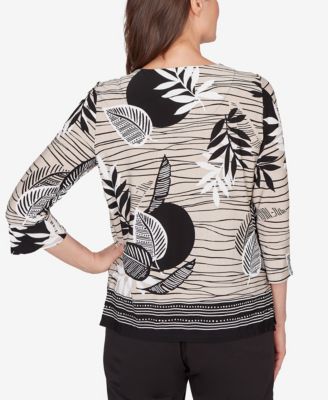 Petite Classic Tropical Leaf Border Print Split Neck Top