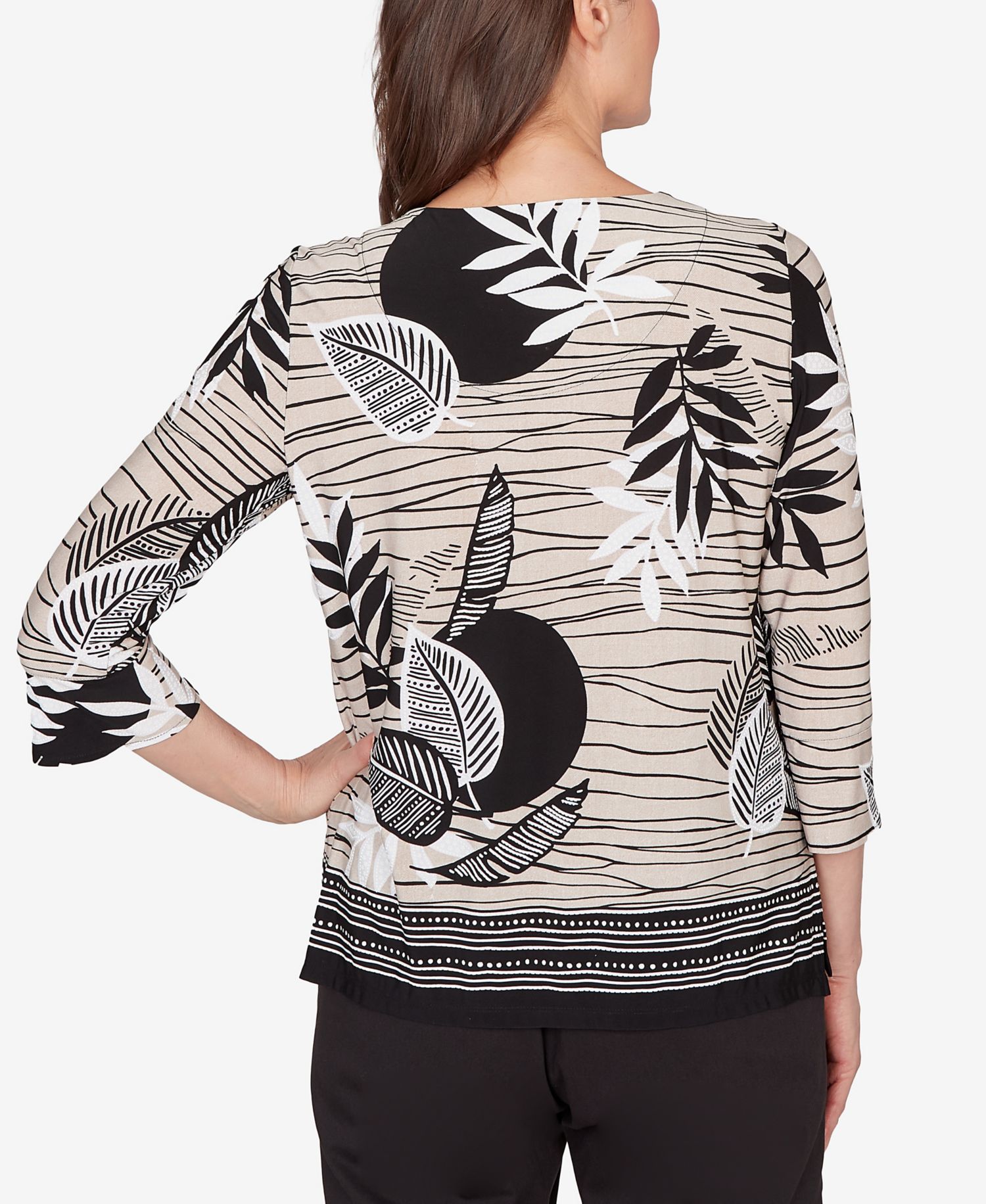 Petite Classic Tropical Leaf Border Print Split Neck Top