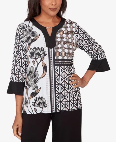 Petite Classic Floral Geo Patchwork Split Neck Top - Black/Tan