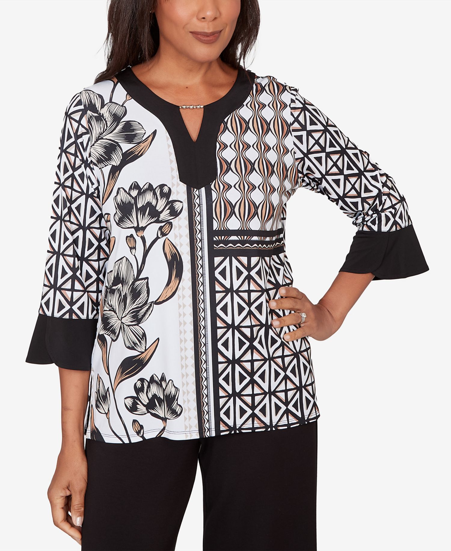 Petite Classic Floral Geo Patchwork Split Neck Top