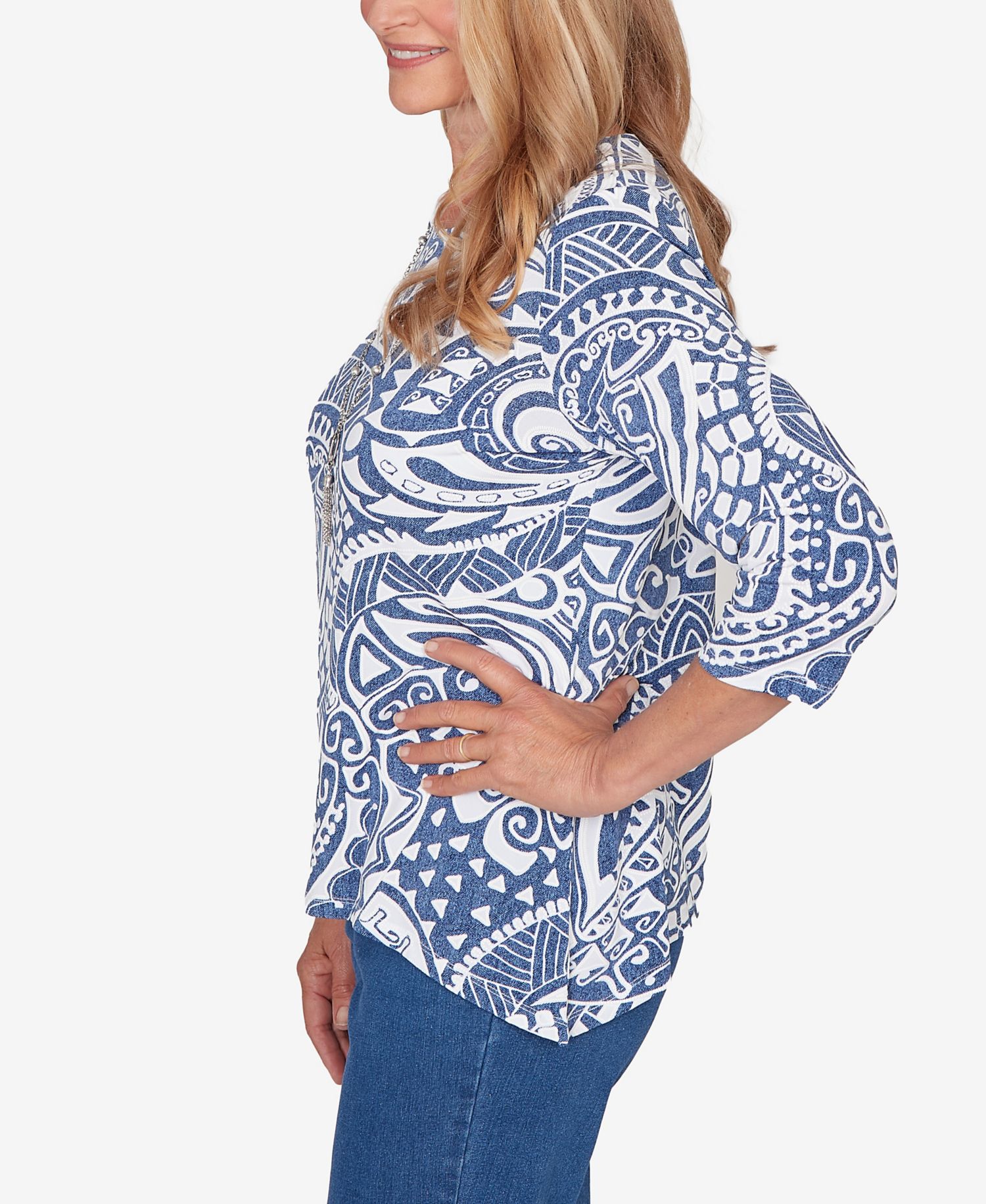 Petite Classic Paisley Swirl Sharkbite Hem Top with Necklace