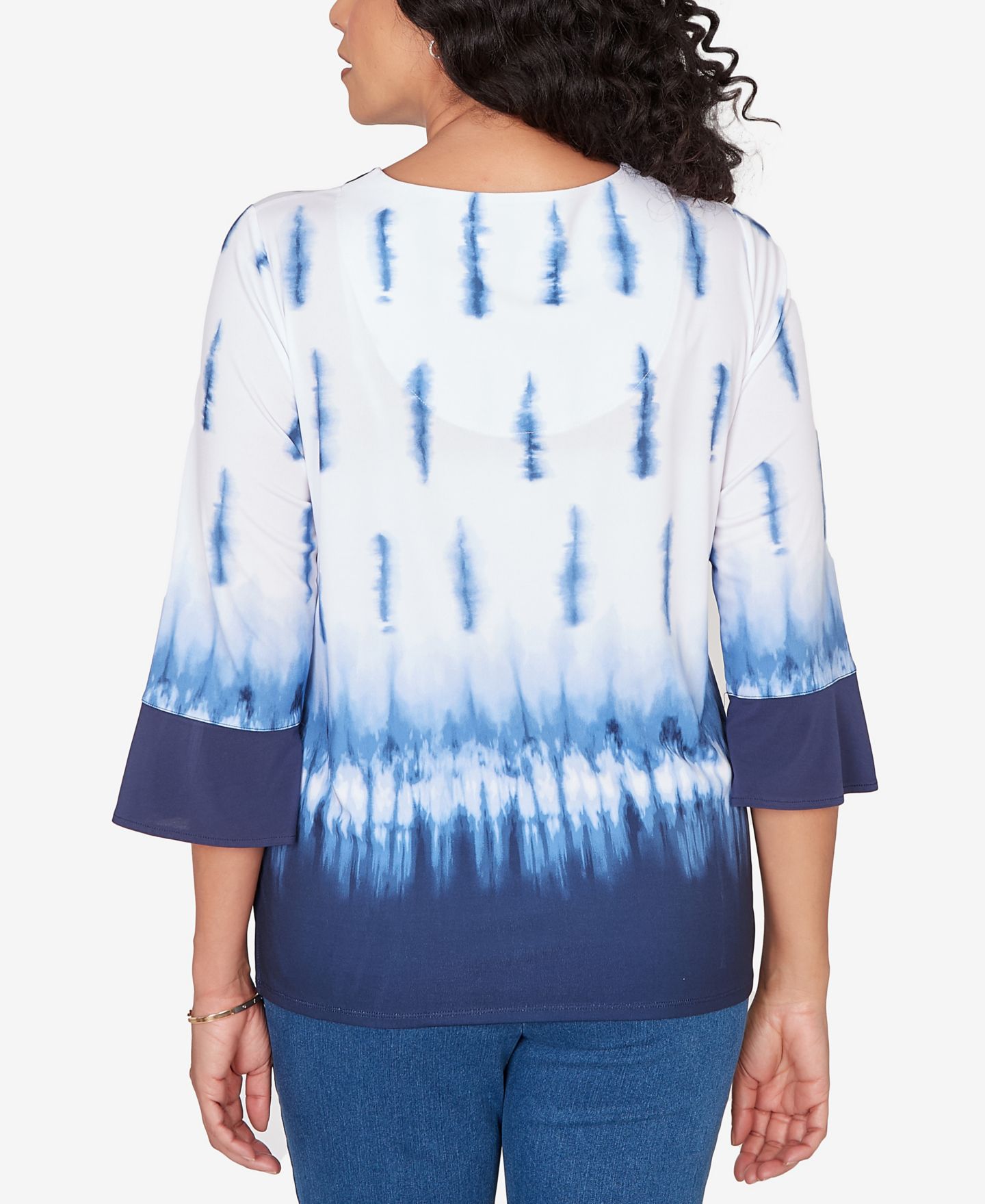 Женский топ Alfred Dunner Petite Classic Tie Dye Border Split Neck, цвет: Тёмно-синий — фото 5