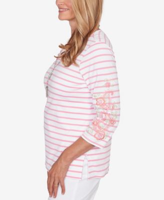 Petite Classic Stripe Embroidered Sleeve Top with Necklace