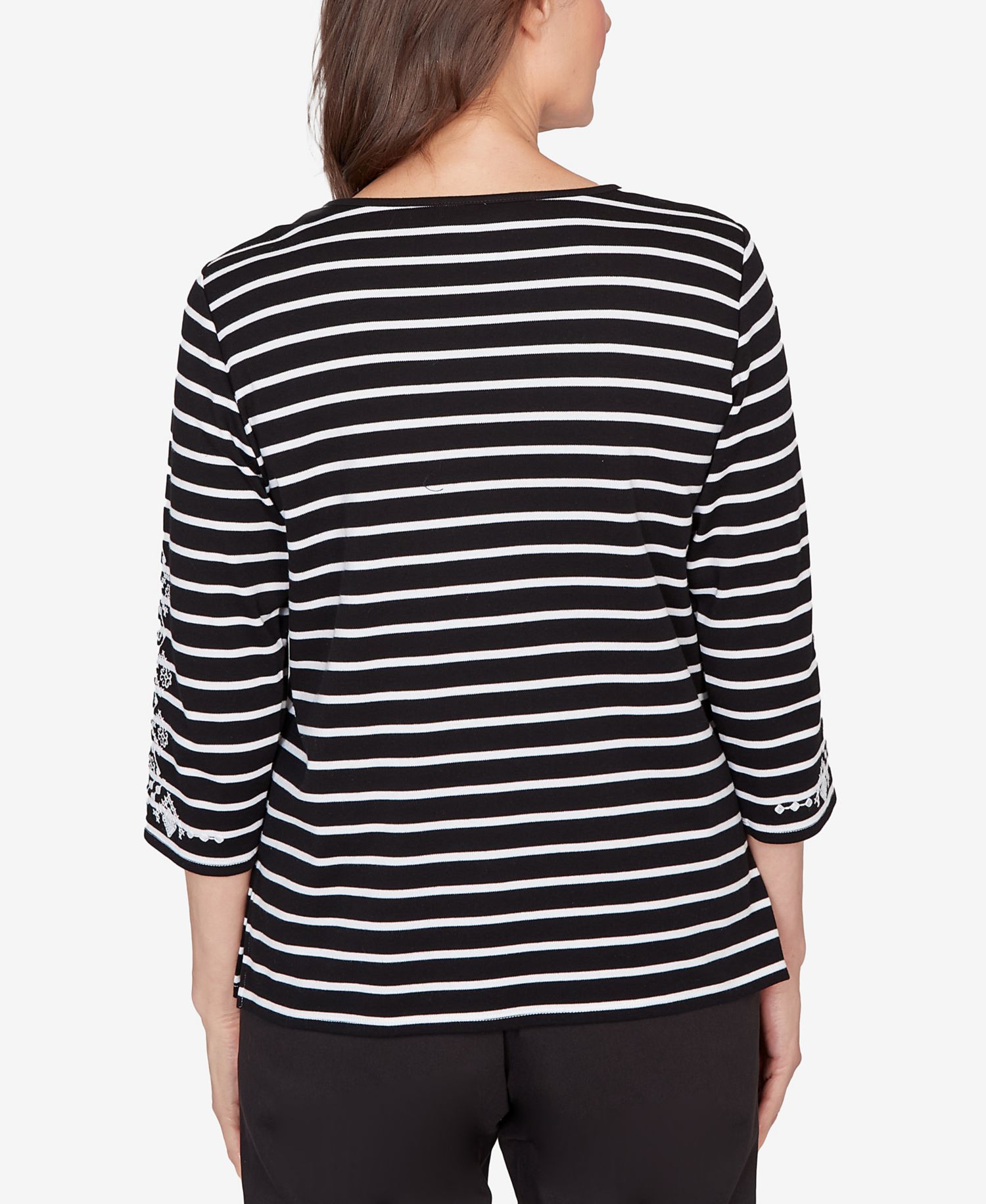 Petite Classic Pinstripe Embroidered Sleeve Top with Necklace