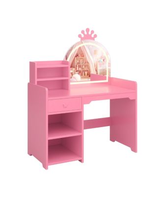 "Kids Vanity Table & Chair Set with Mirror, Lights, Drawer & Shelves – White Wooden Makeup Desk for Little Girls Bedroom"
