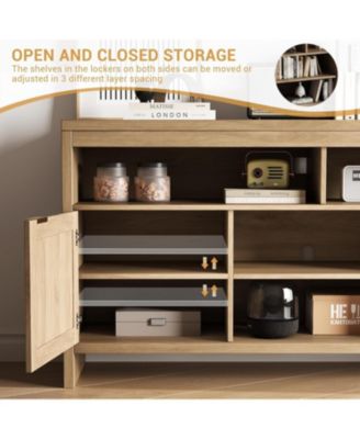 58" Boho TV Stand for 65" TVs, Rattan Entertainment Center with Adjustable Shelves, Oak