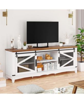 Modern TV Stand for Living Room 65" Entertainment Center with Storage Sliding Barn Doors and Adjustable Shelf White