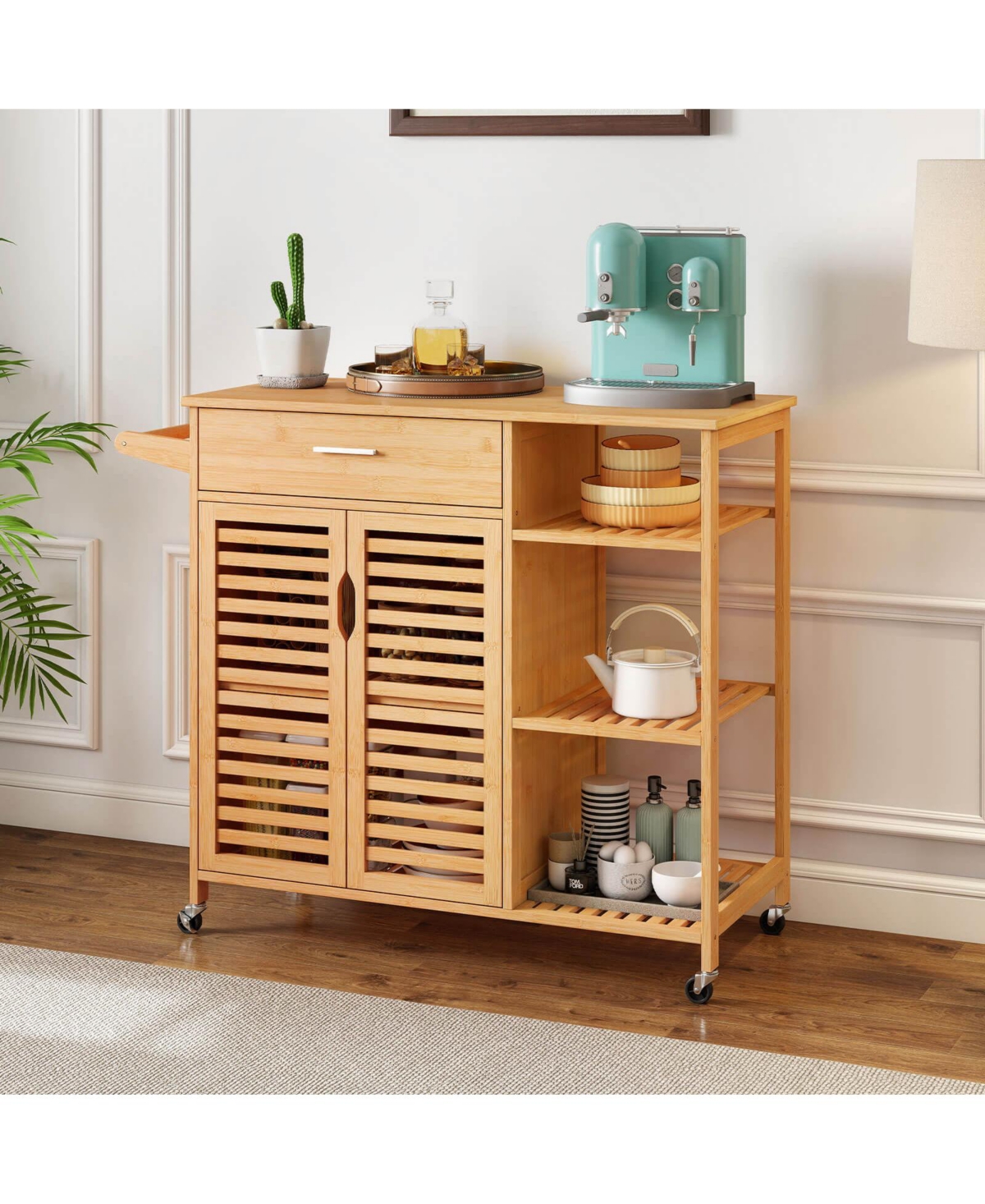 Costway 35.5" Kitchen Island Cartwith Lockable Wheels Drawer Open Shelves Towel Bar